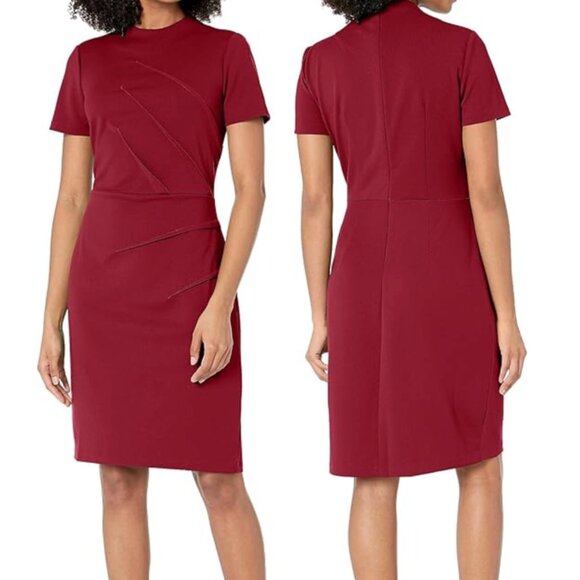MAGGY LONDON Pintuck Detailed Mock Neck Dress Red Short Sleeve Sheath Dress 12 - Picture 1 of 16